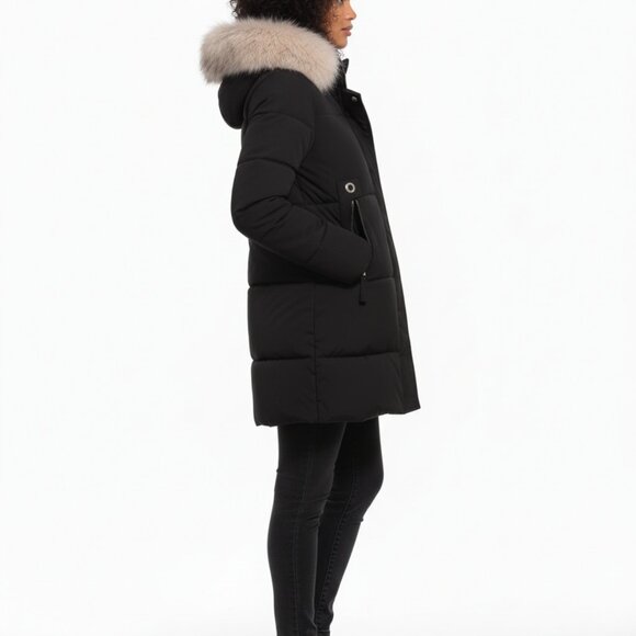 🧥 Women's Black Winter Puffer Coat with Faux Fur Hood - Size M - Picture 6 of 8